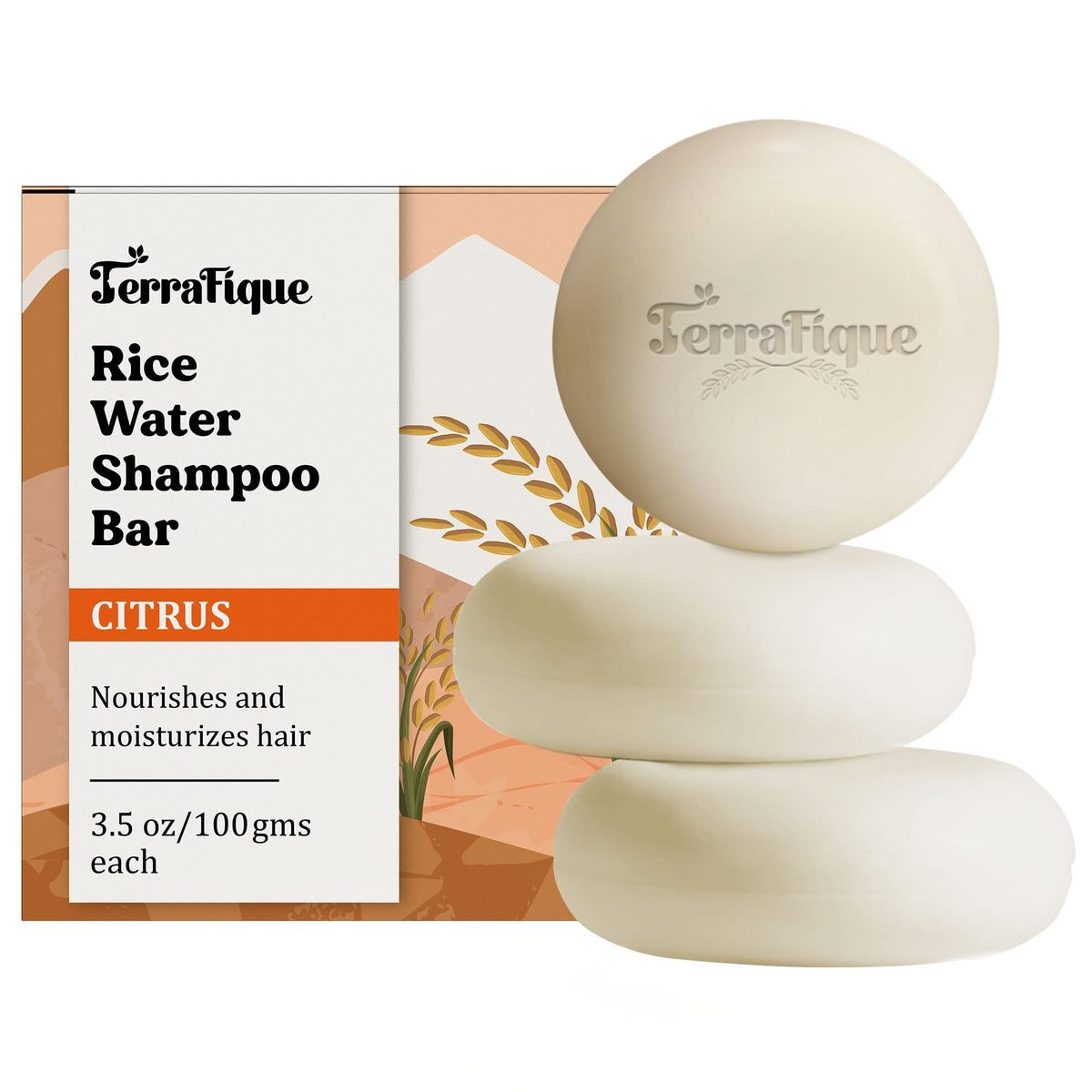 Terrafique Rice Water Shampoo Bar For Hair Growth - Travel-Friendly Citrus Scent, 3 Pack