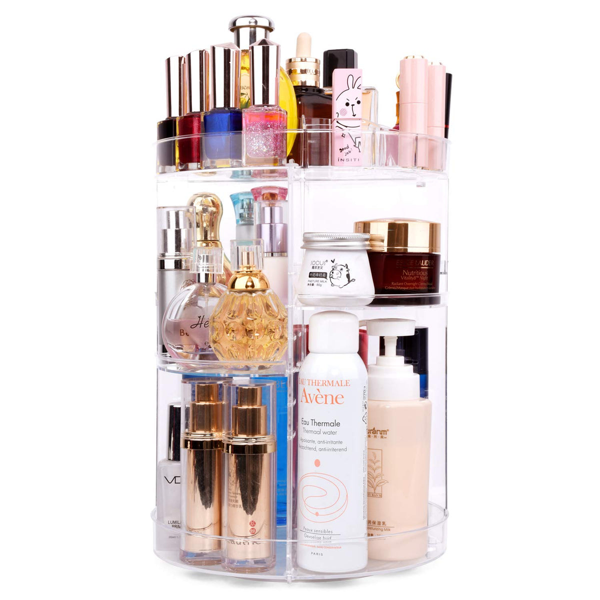 Sanipoe Rotating Makeup Organizer - Clear Spinning Skincare Carousel With Brush Holder & Tray