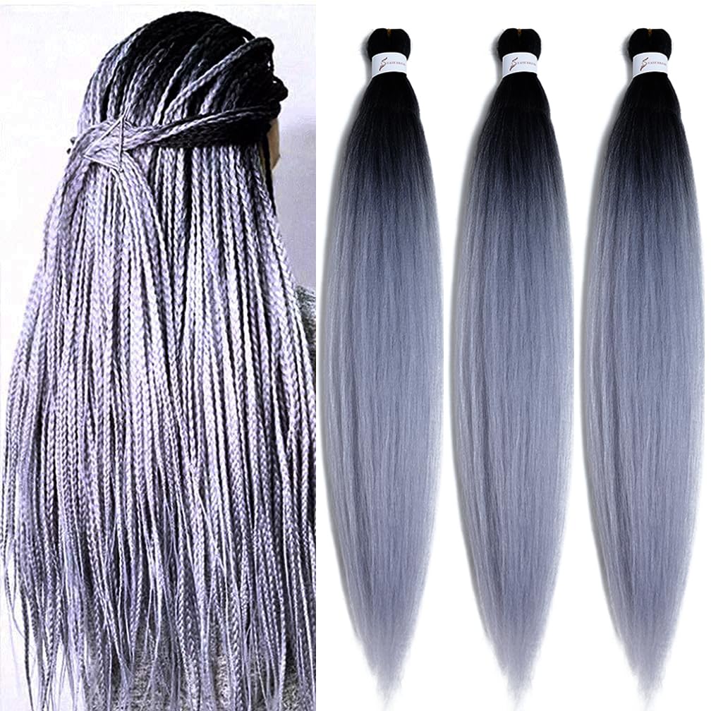 Balinghair 28&quot; Pre Stretched Kanekalon Braids - Ombre Black To Silver Grey (3 Packs)