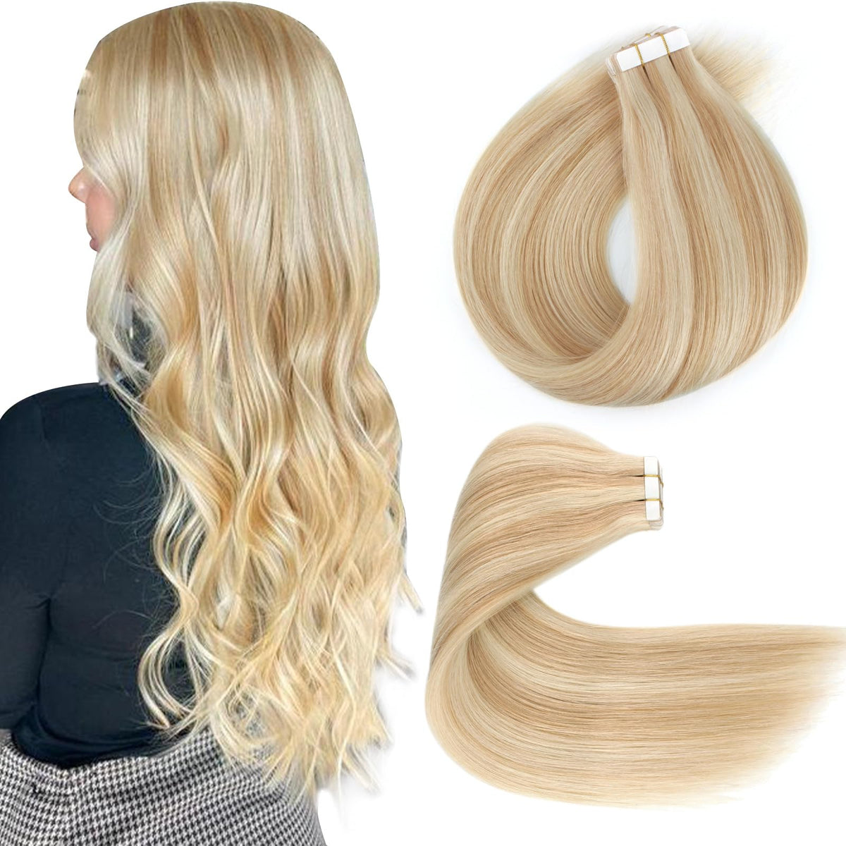 Lovrio 16&quot; Tape In Hair Extensions - 20Pcs Human Hair, Dark Dirty Blonde & Platinum Ash Blonde