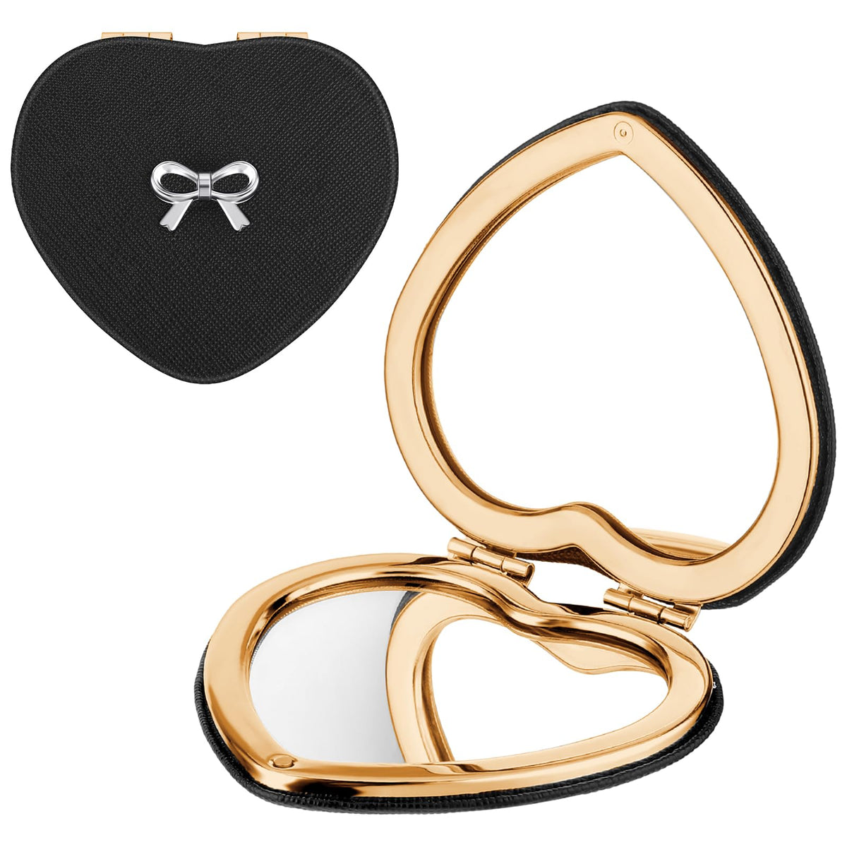 Qianyu Heart Shaped Compact Folding Mirror - Double-Sided 1X/2X Magnifying Makeup Mirror, Gold