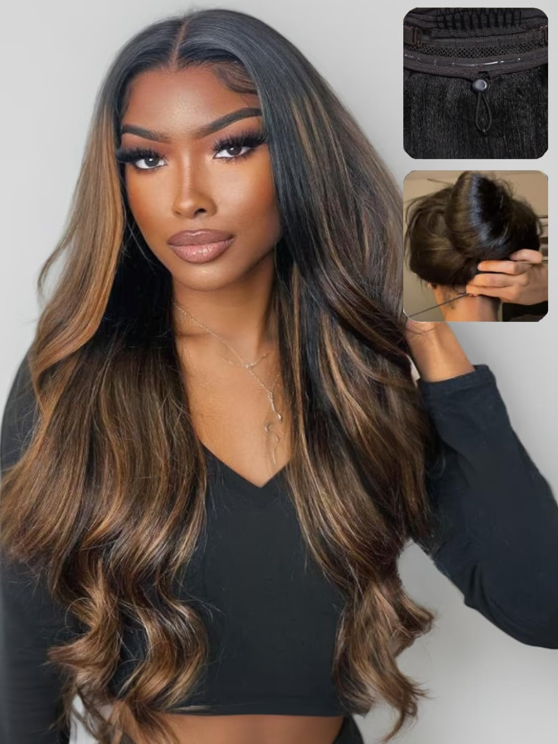 UNICE 16&quot; Bye Bye Knots Loose Wave Wig - Pre Cut Lace, Red Highlights, Human Hair, 150% Density