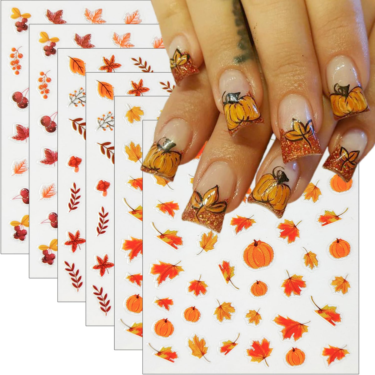 Sutaozhi 6 Sheets Maple Leaf Nail Art Stickers - Autumn Pumpkin & Gold Leaf Decals For Diy Nails