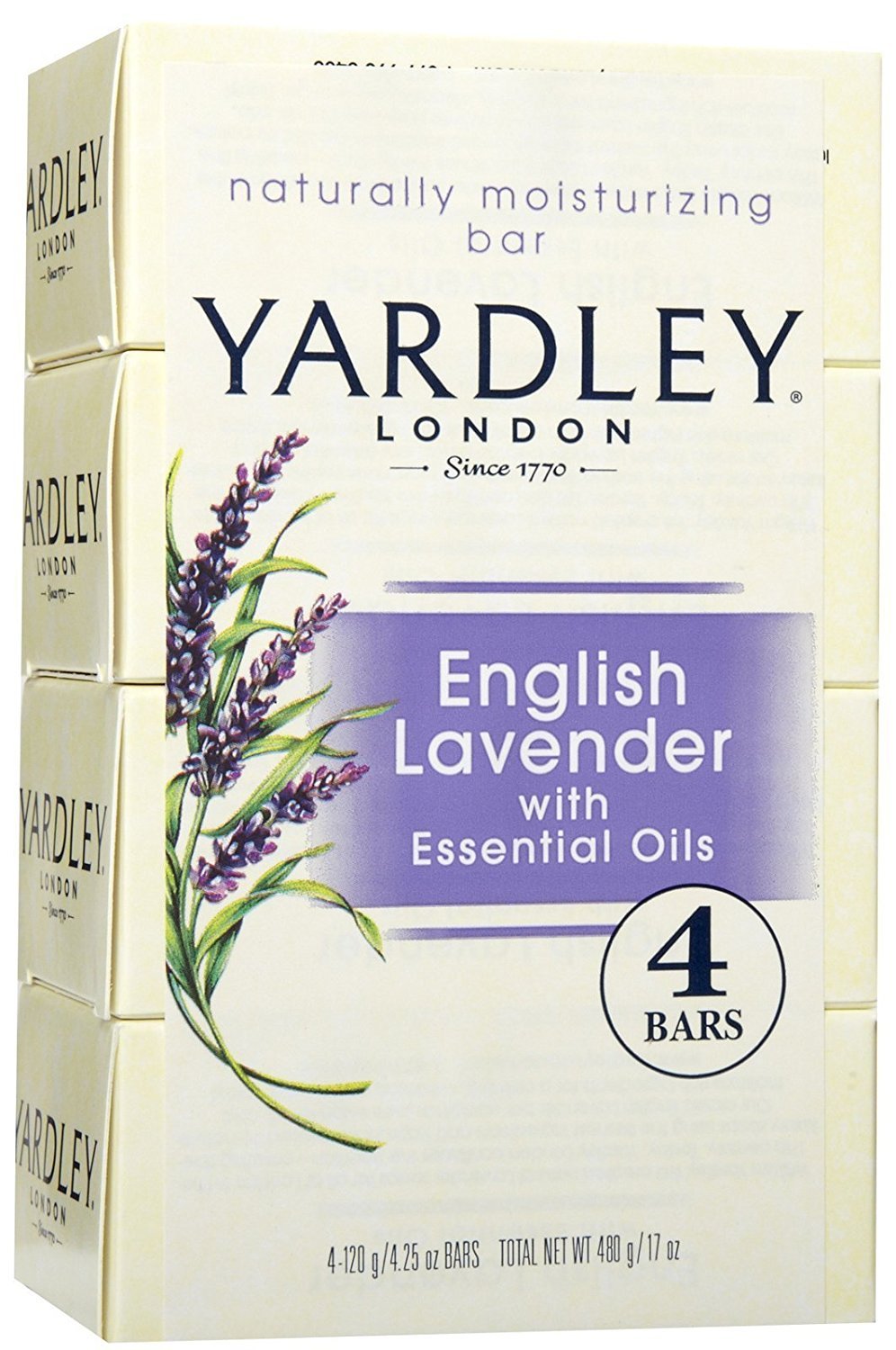 Yardley London English Lavender Soap Bar With Essential Oils, 4.25 Oz, Pack Of 4