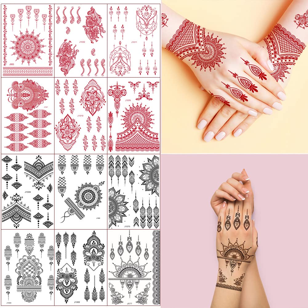 Xmasir Waterproof Henna Tattoo Stickers - 12 Sheets (6 Red + 6 Black) For Weddings & Parties