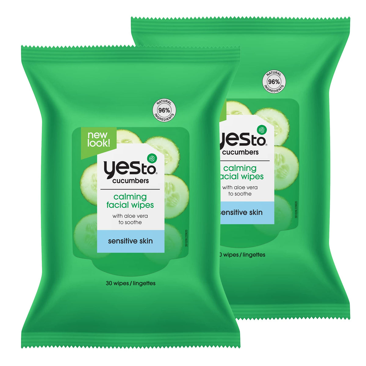 Yes To Cucumber Facial Cleansing Wipes, Sensitive Makeup Remover, 30 Count, Pack Of 2