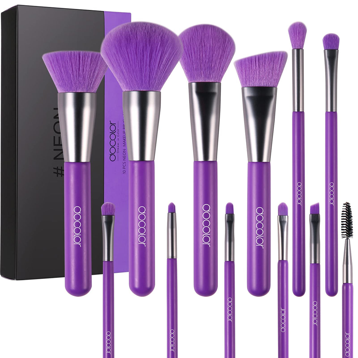 Docolor 10Pcs Makeup Brush Set - Premium Synthetic Kabuki, Foundation, Blush, Neon Purple