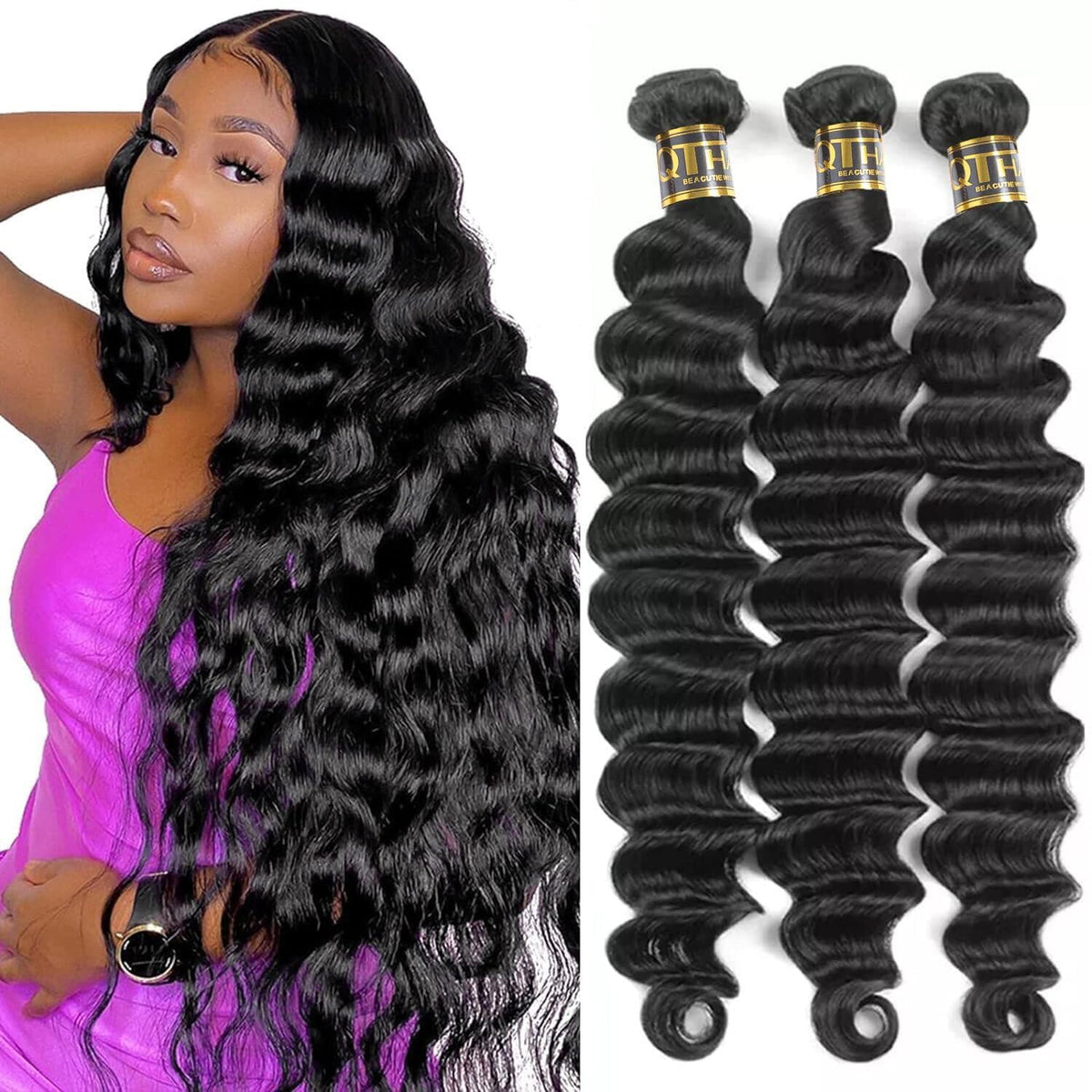 QTHAIR 14a Brazilian Loose Deep Wave Human Hair Bundles - 18&quot; 20&quot; 22&quot;, Natural Black