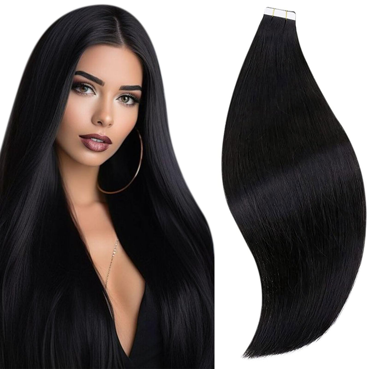 Runature 24&quot; Tape In Hair Extensions For Black Women, Soft Real Human Hair, 20Pcs, Straight Black