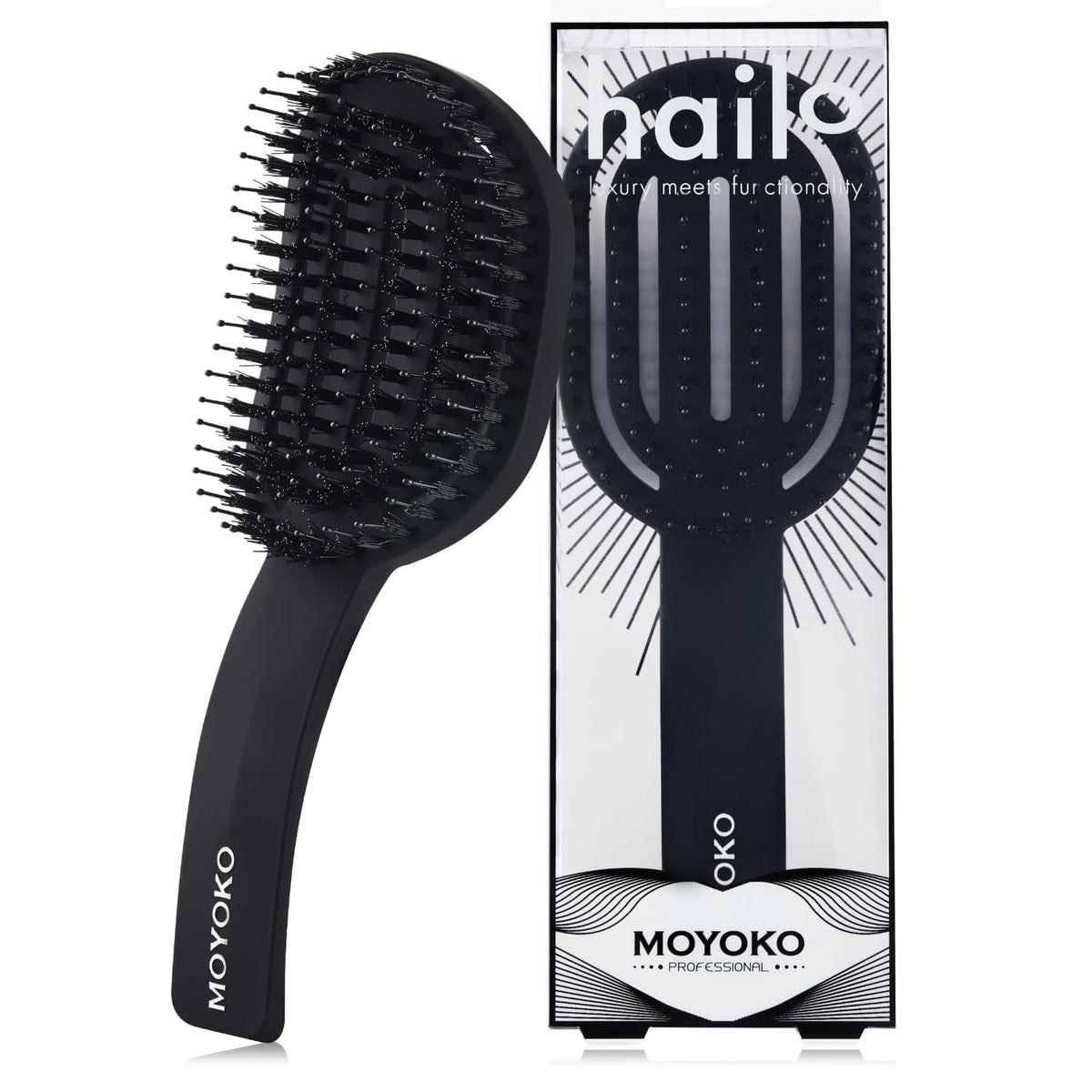 Moyoko Curly Hair Detangler Brush - Ergonomic, Prevents Breakage, Wet & Dry Use, Black