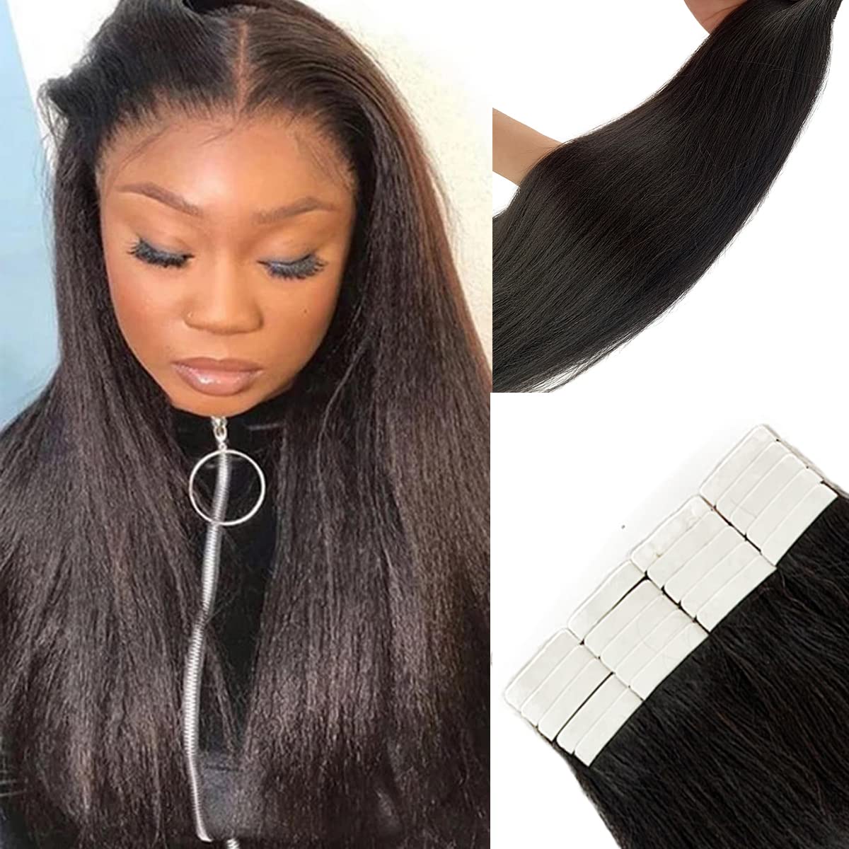 Smavida 22&quot; Yaki Straight Tape In Hair Extensions - Human Hair, Natural Black, 50G, 20Pcs