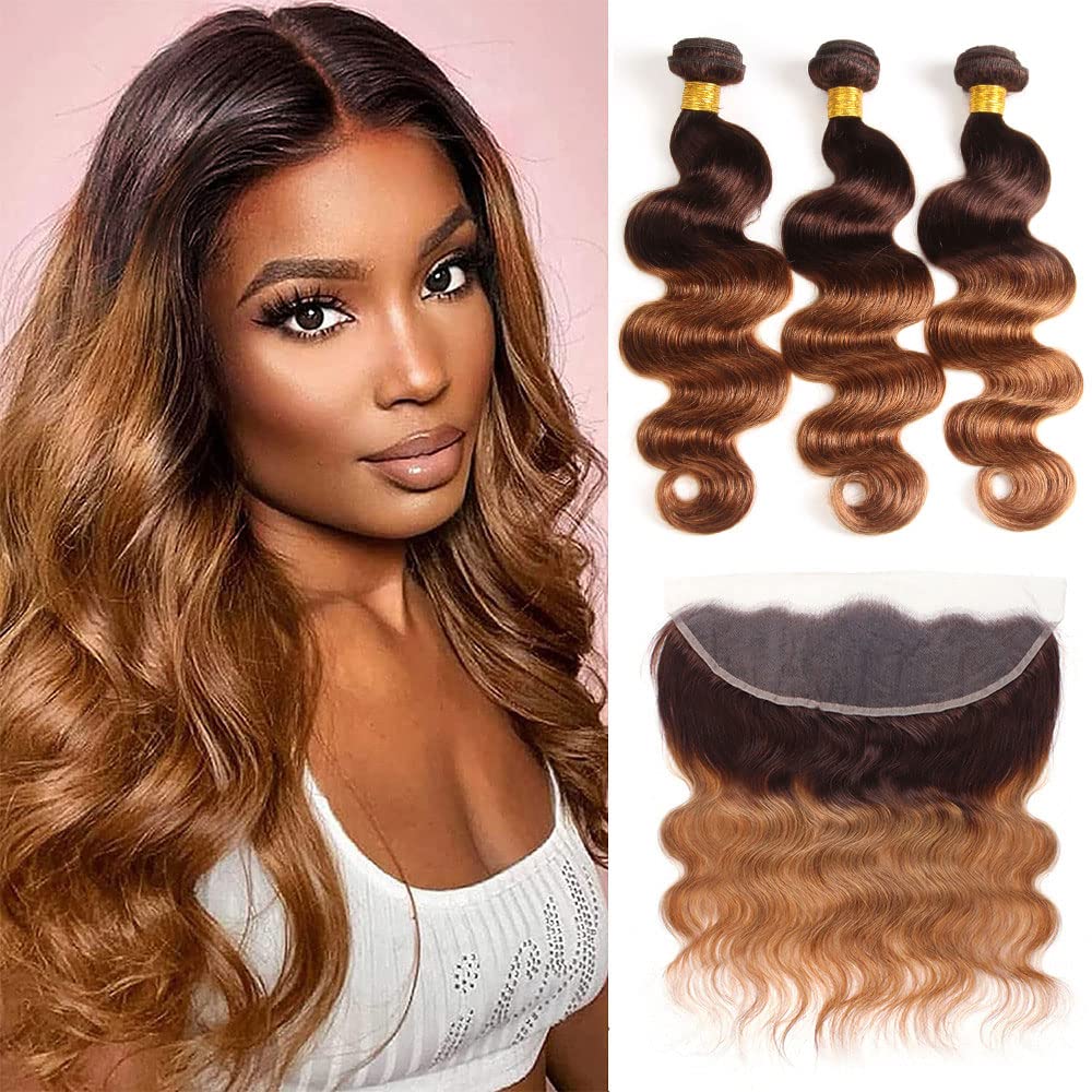 FASHION VILA 2 Tone Ombre Body Wave Hair 3 Bundles + 13x4 Frontal 100% Human Hair