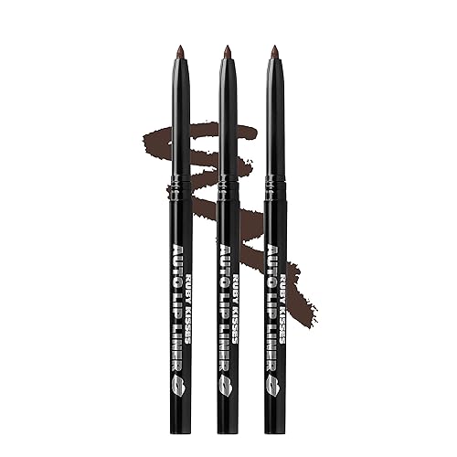 Ruby Kisses Dark Brown Auto Lip Liner Pencil - Long Lasting, Non-Fading, Smooth Application, 3 Pack