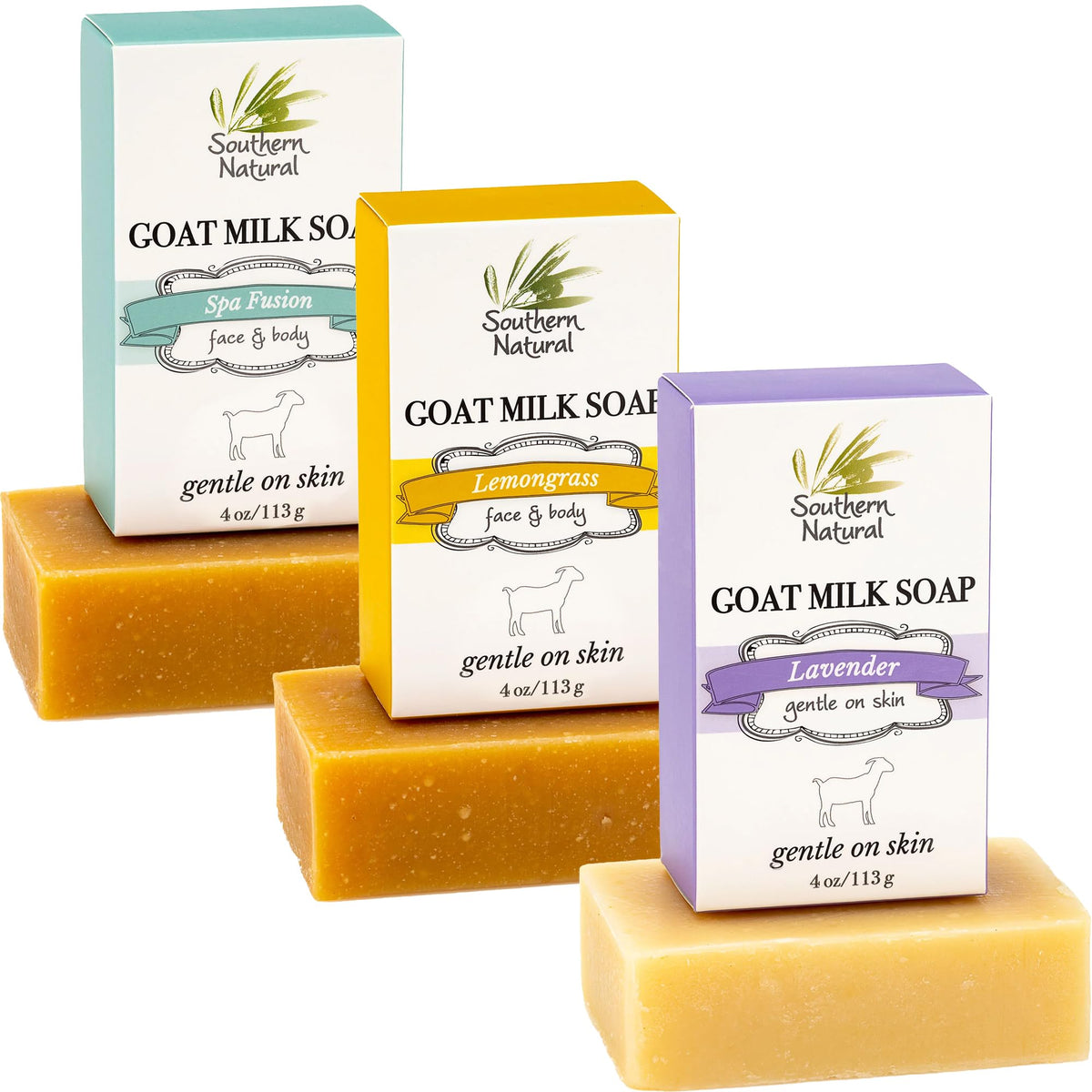 Southern Natural Goat Milk Soap Bar Variety Pack - Lavender, Lemongrass, Spa Fusion For Dry Skin