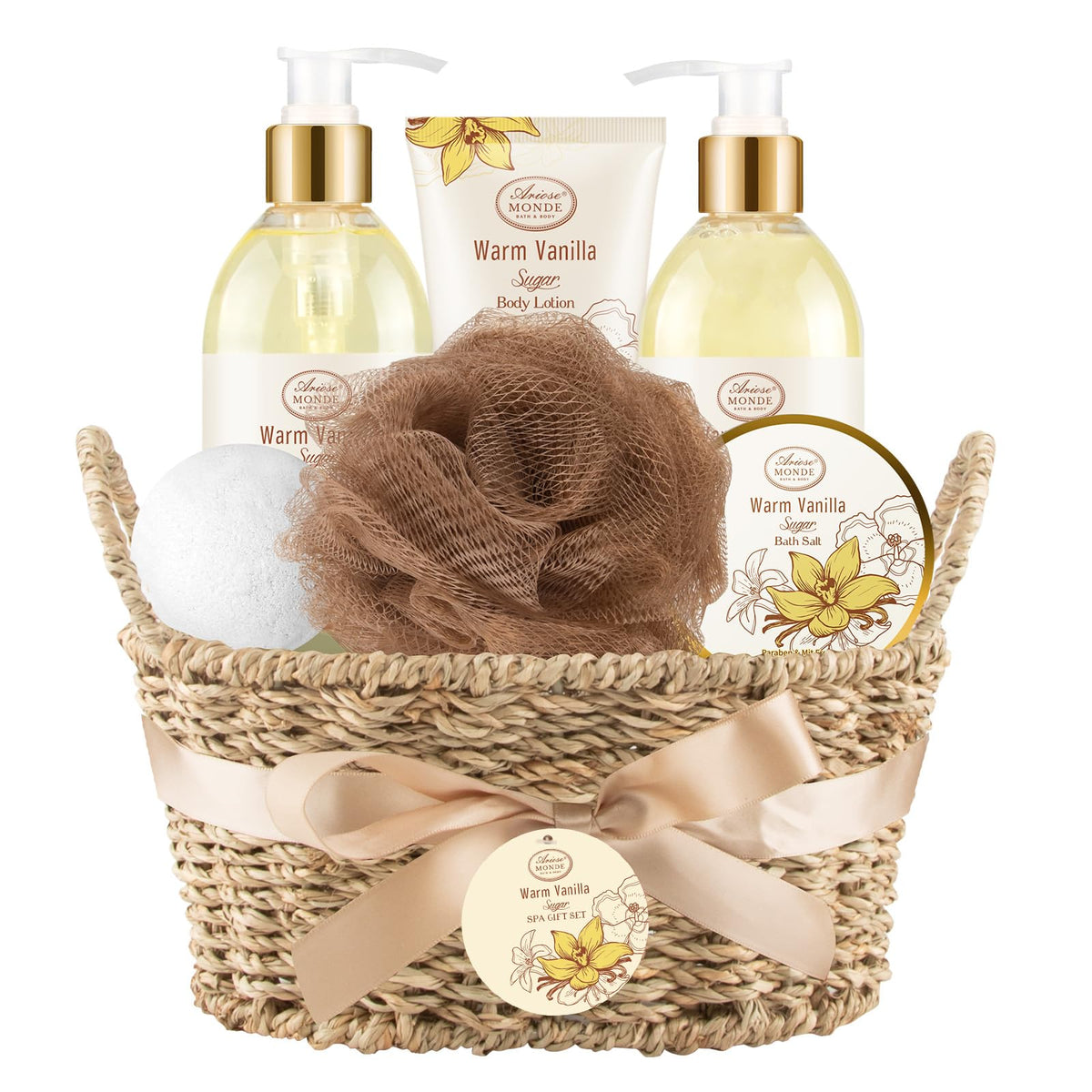 Ariosemonde Warm Vanilla Sugar Bath Gift Set - 7Pcs Spa Basket With Gel, Lotion, Bomb & Salt