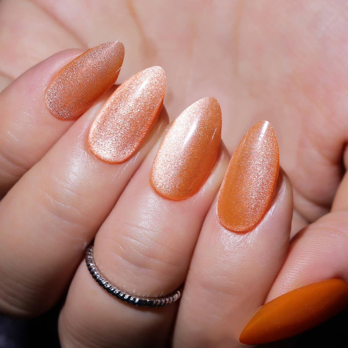 Glamermaid Orange Magnet Cat Eyes Press On Nails - Short Almond, Glitter Gel Fake Nail Kit