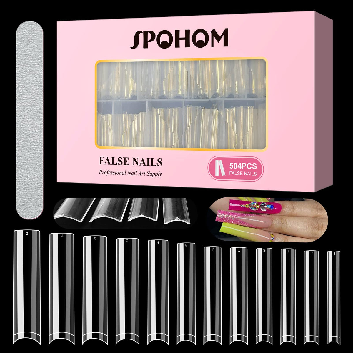 Spohom 504Pcs Extra Long Clear Nail Tips, 3Xl Half Cover Square For Acrylic Nail Art & Extensions