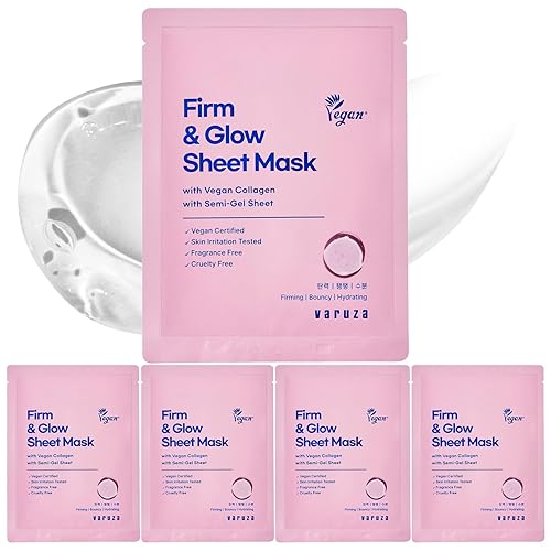 Varuza Firm & Glow Vegan Collagen Sheet Mask, Anti-Aging Hydration, 5 Count