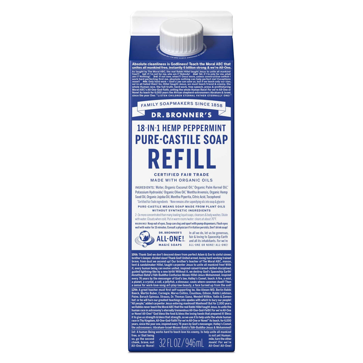 Dr. Bronner'S Pure-Castile Soap Refill, 32Oz Peppermint - Eco-Friendly, 18-In-1