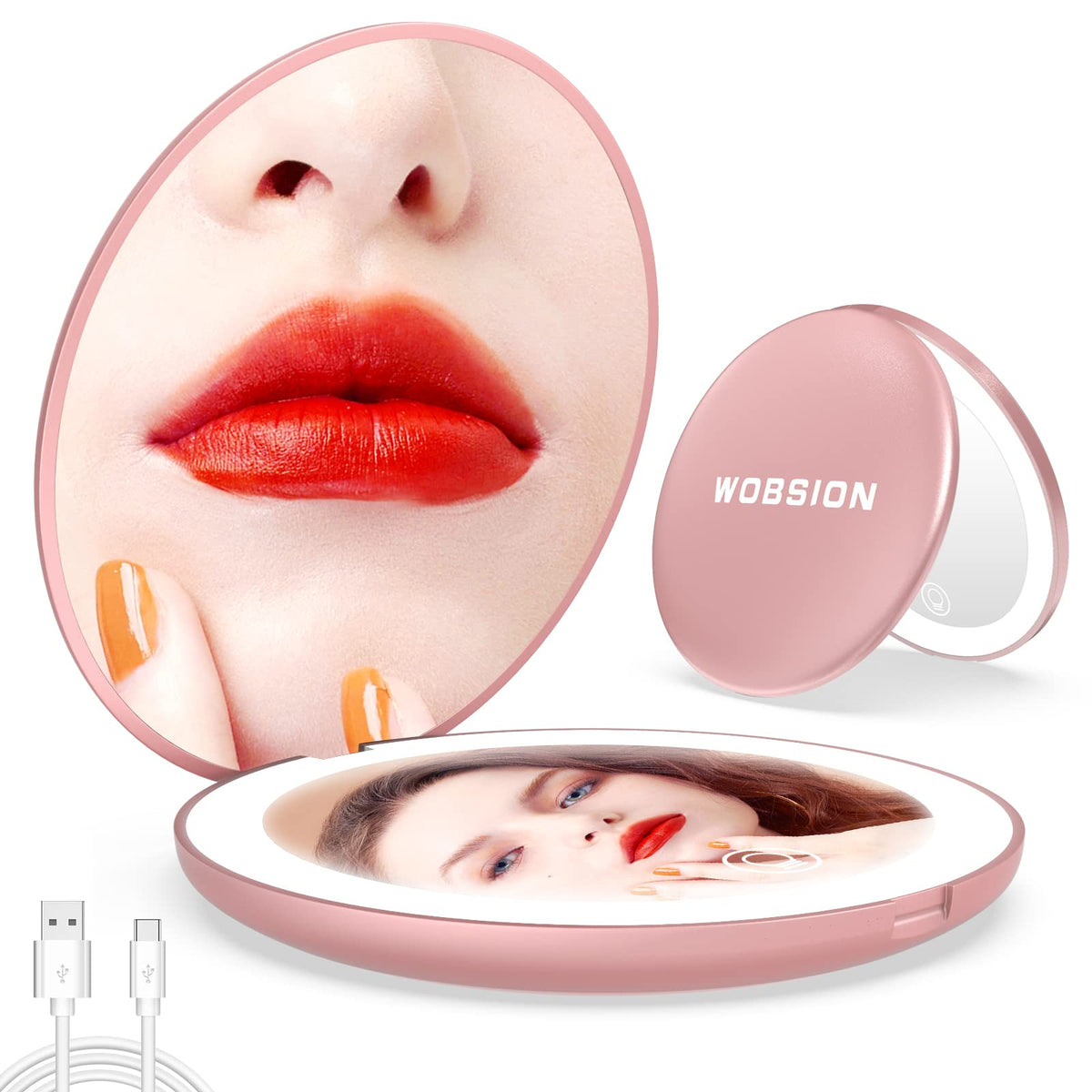 Wobsion 10X Magnifying Tabletop Mirror, Touch Dimmable, Rechargeable, Rose Gold, Compact 4&quot;