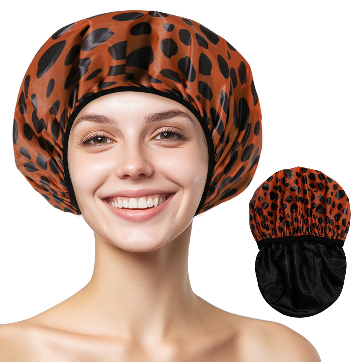 Yizijizi Reusable Waterproof Shower Cap For Long Hair - Large Black Wave Dot Design