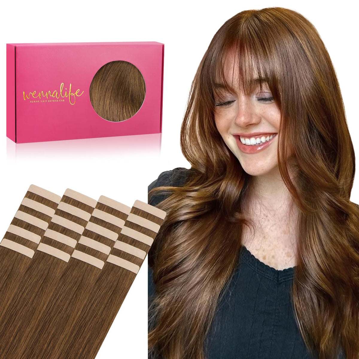 WENNALIFE 14&quot; Tape in Human Hair Extensions, 20pcs 50g Light Auburn Brown Remy Hair