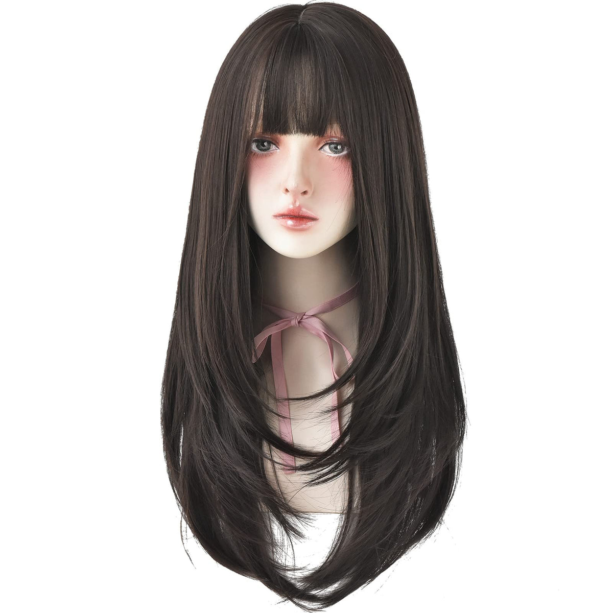 7Jhh Wigs 22 Inch Black Tea Synthetic Hair Wig With Bangs - Long Straight Style For Women