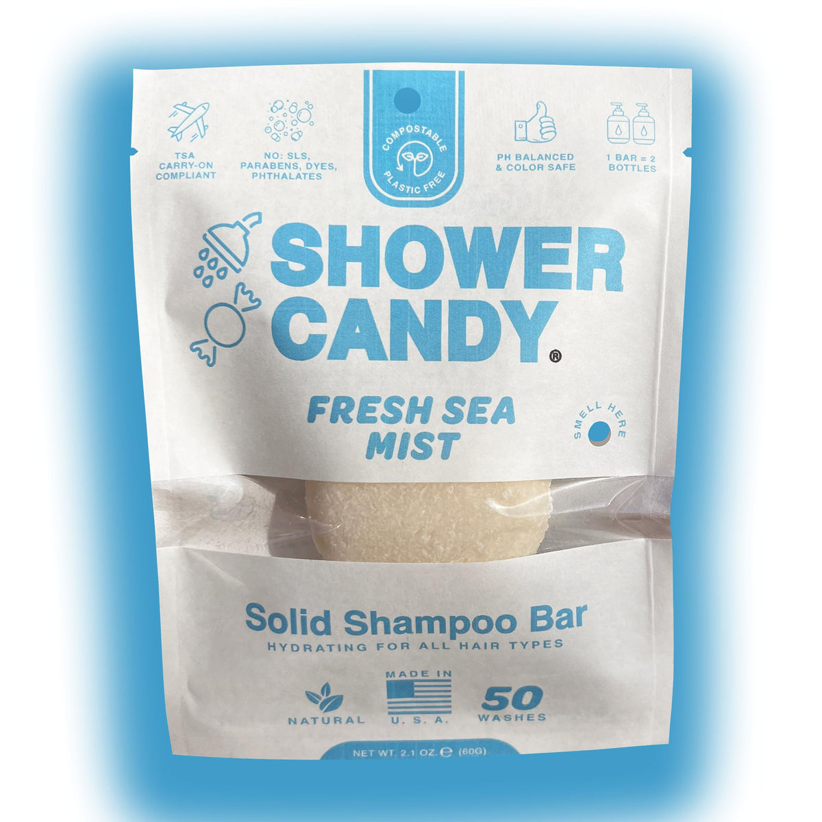 Shower Candy Natural Shampoo Bar For Normal Hair - Fresh Sea Mist, 2.1 Oz Travel Size