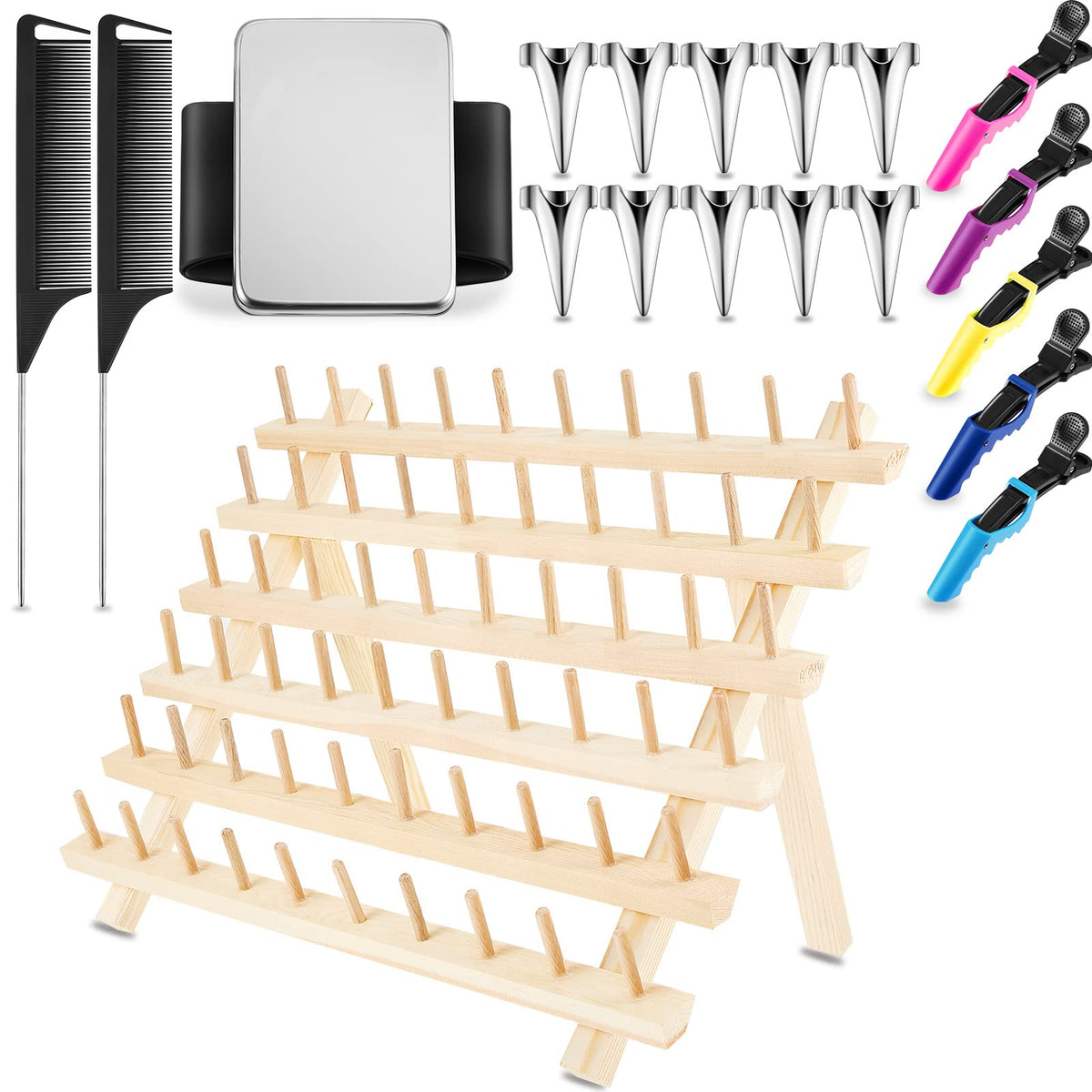 Juexica 19-Piece Braiding Stand Set With Clips, Combs & Magnetic Wristband - Wood