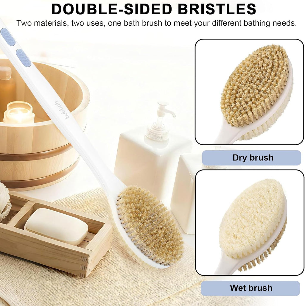 Bubbob Back Scrubber for Shower, Long Handle Exfoliating Bath Brush, Double Sided Stiff & Soft Bristles, Anti-Slip Grip, Blue