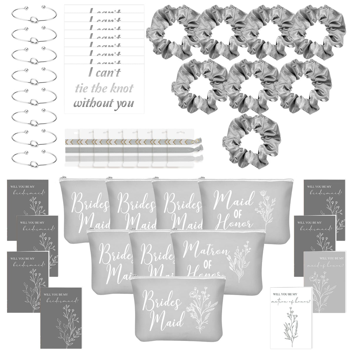 Cunno 48 Pcs Bridesmaid Proposal Gifts - Grey Makeup Bags, Scrunchies & Bracelets Set