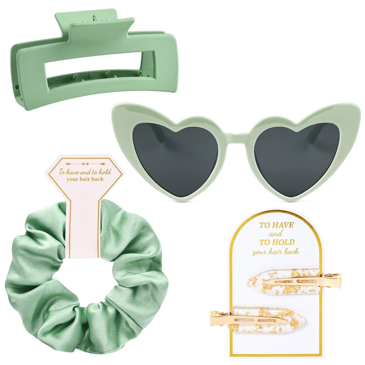 Aileam Bridesmaid Proposal Gifts Set - 4 Pcs Hair Clips, Scrunchies, Sunglasses, Sage Green