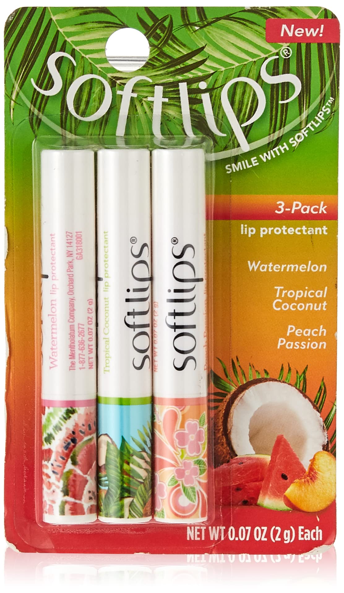 Softlips Tropical Flavors Set - Peach Passion, Coconut, Watermelon (3 Sticks, 2G)