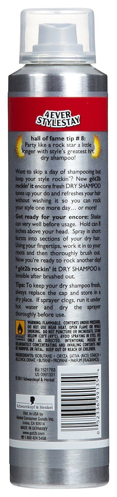 Got2b Rockin' It Encore Fresh Dry Shampoo, 4.3 Oz - Instant Oil Absorption & Freshness