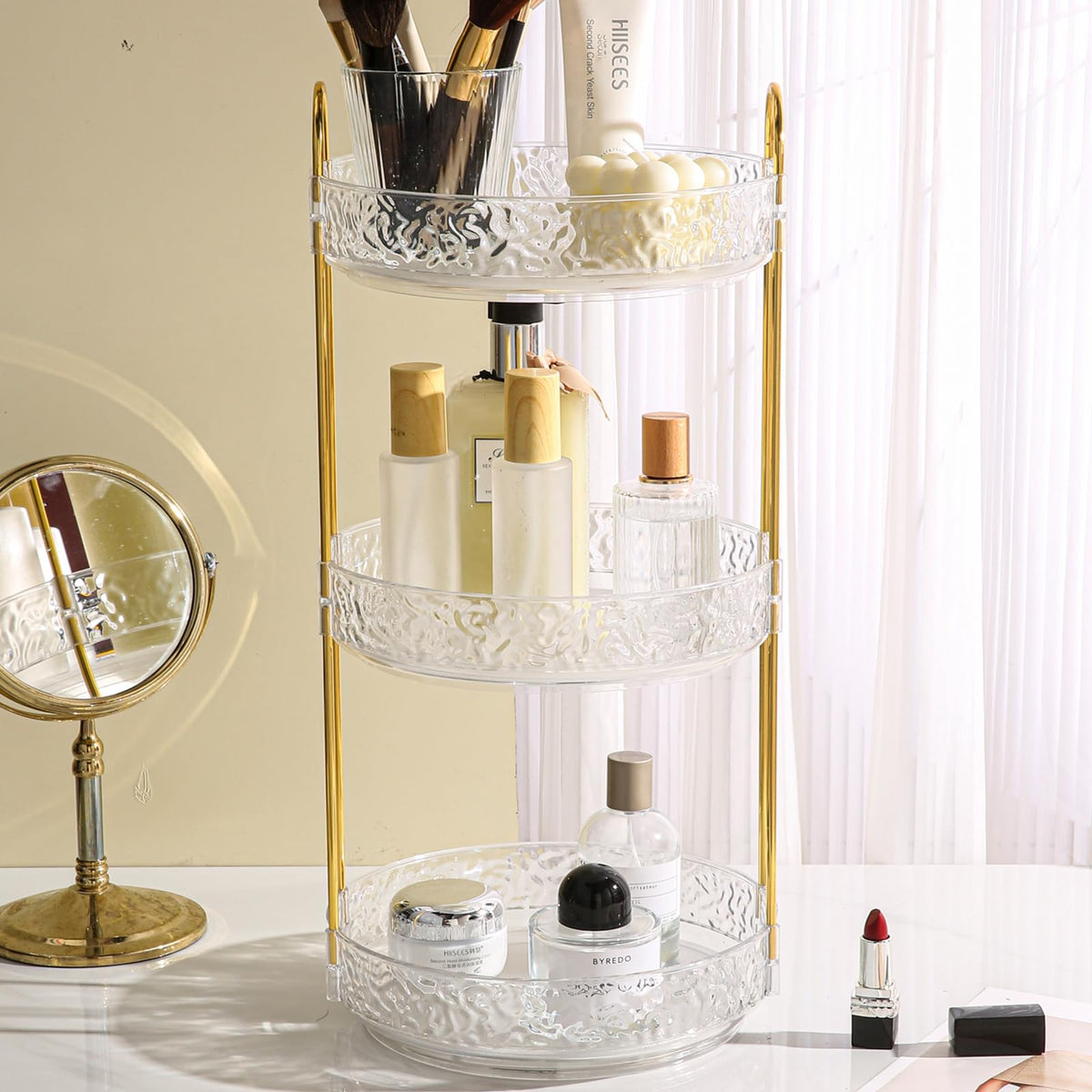 Fangoo 3-Tier Clear Rotating Makeup Organizer - 360° Spinning Skincare & Cosmetic Storage