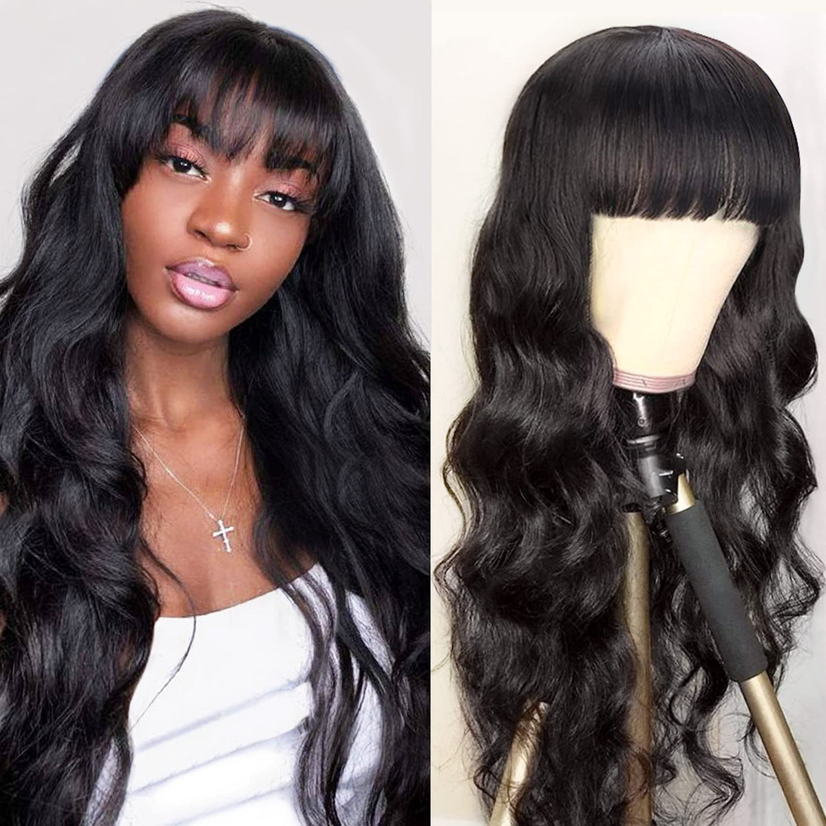 Lativ 28 Inch Body Wave Human Hair Wig With Bangs, 150% Density, Glueless For Black Women