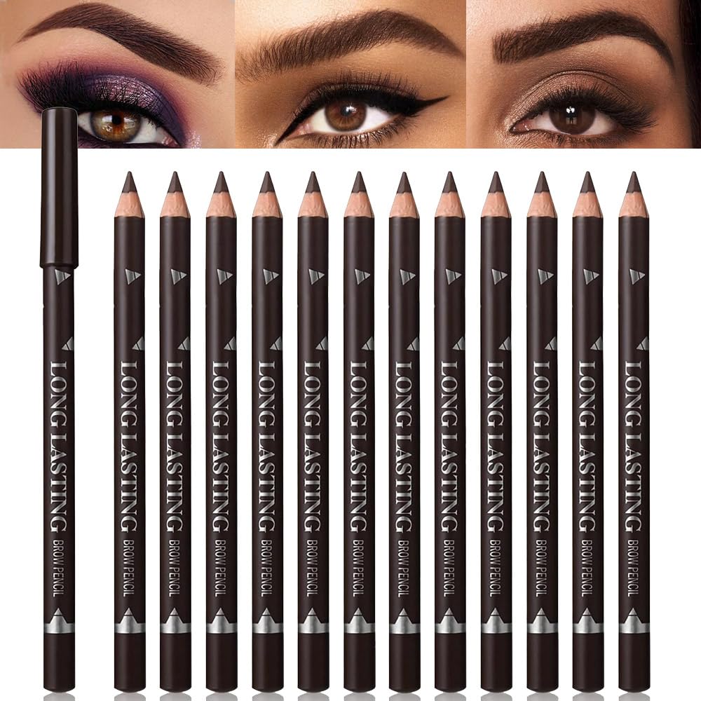 Feicuiyun 12Pcs Dark Brown Eyebrow Pencil Set - Waterproof, Beginner-Friendly Makeup Pencils