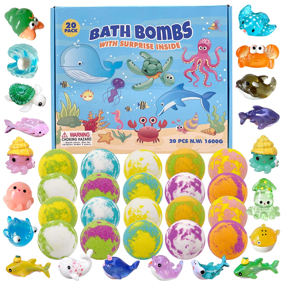 Clear And Fresh Bath Bombs For Kids - 20 Pack With Surprise Sea Animal Toys, Perfect Stocking Stuffers