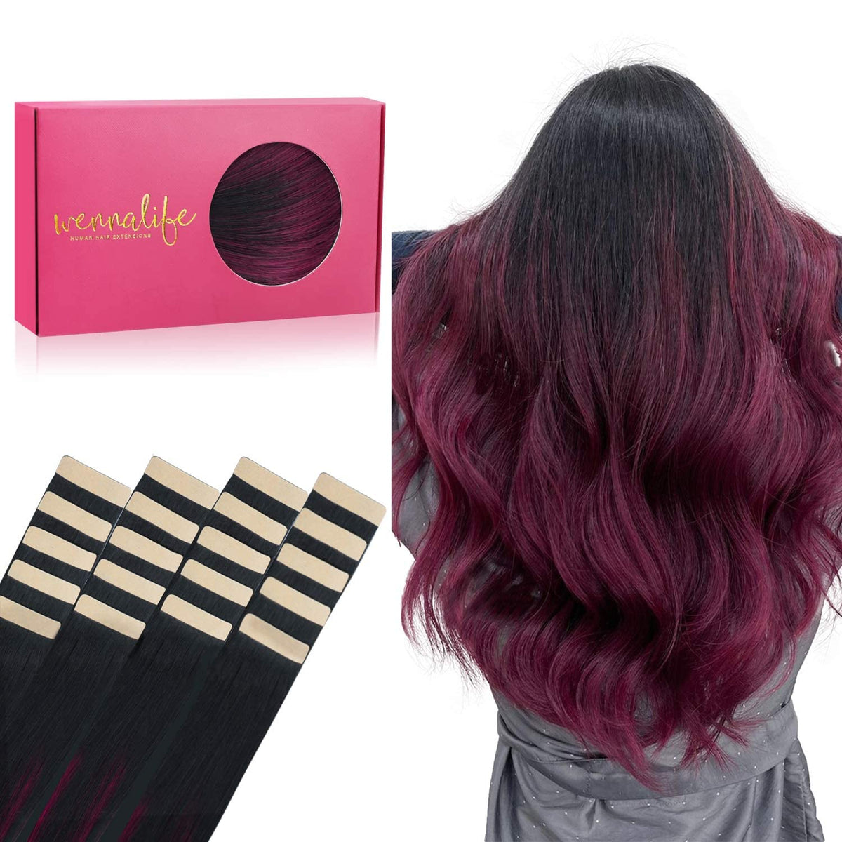 WENNALIFE 10-Inch Ombre Jet Black to Burgundy Tape in Human Hair Extensions, 20pcs 30g Remy