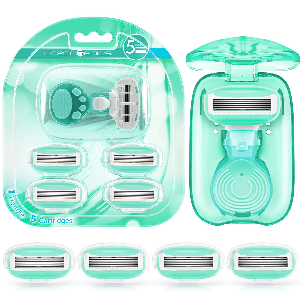 Dreamgenius Travel Razors For Women - 5-Blade Mini Razor With Case, Portable & Smooth, Green