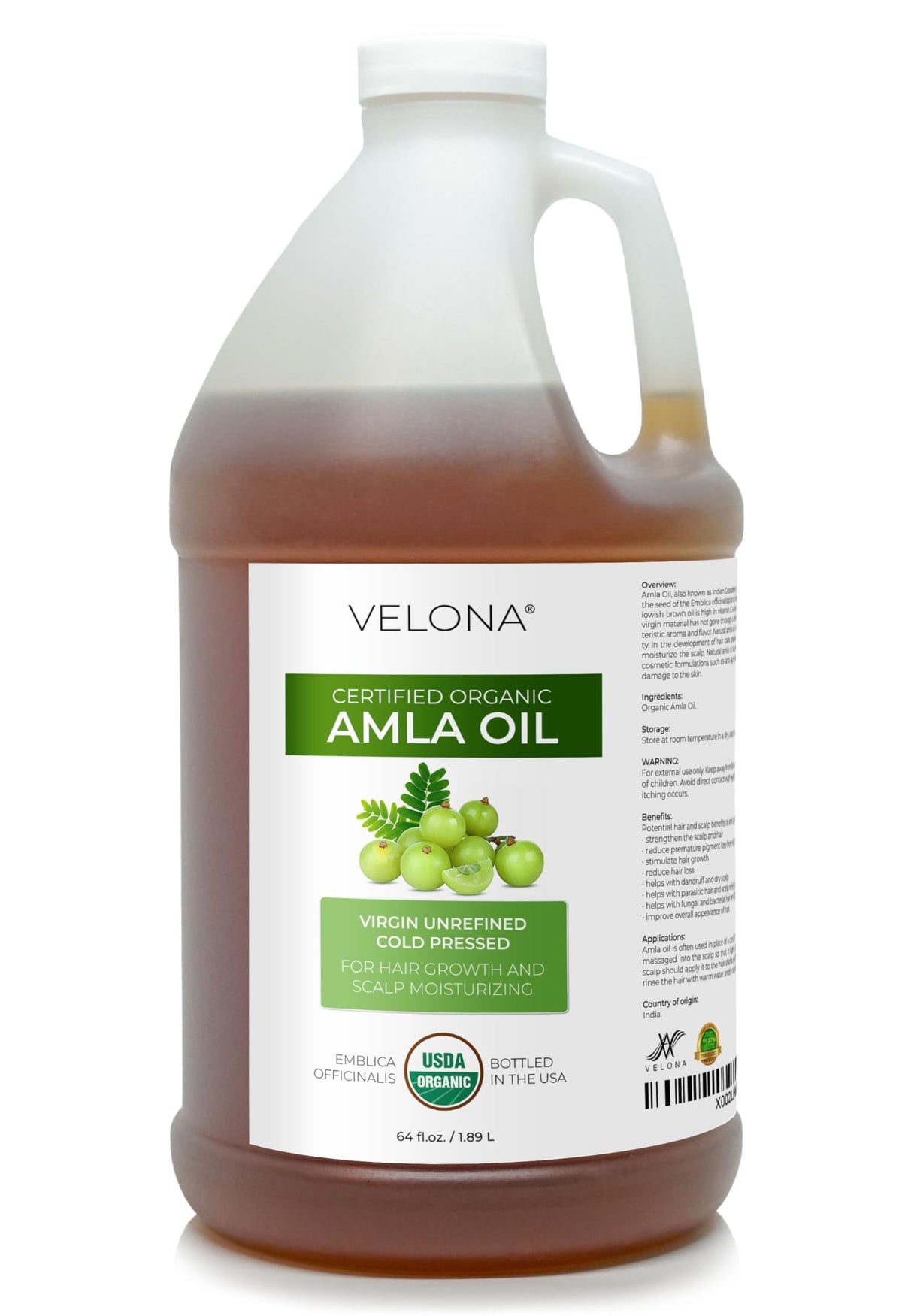 Velona Amla Oil - USDA Organic, 64 Fl Oz, 100% Pure, Extra Virgin, Cold Pressed Carrier Oil