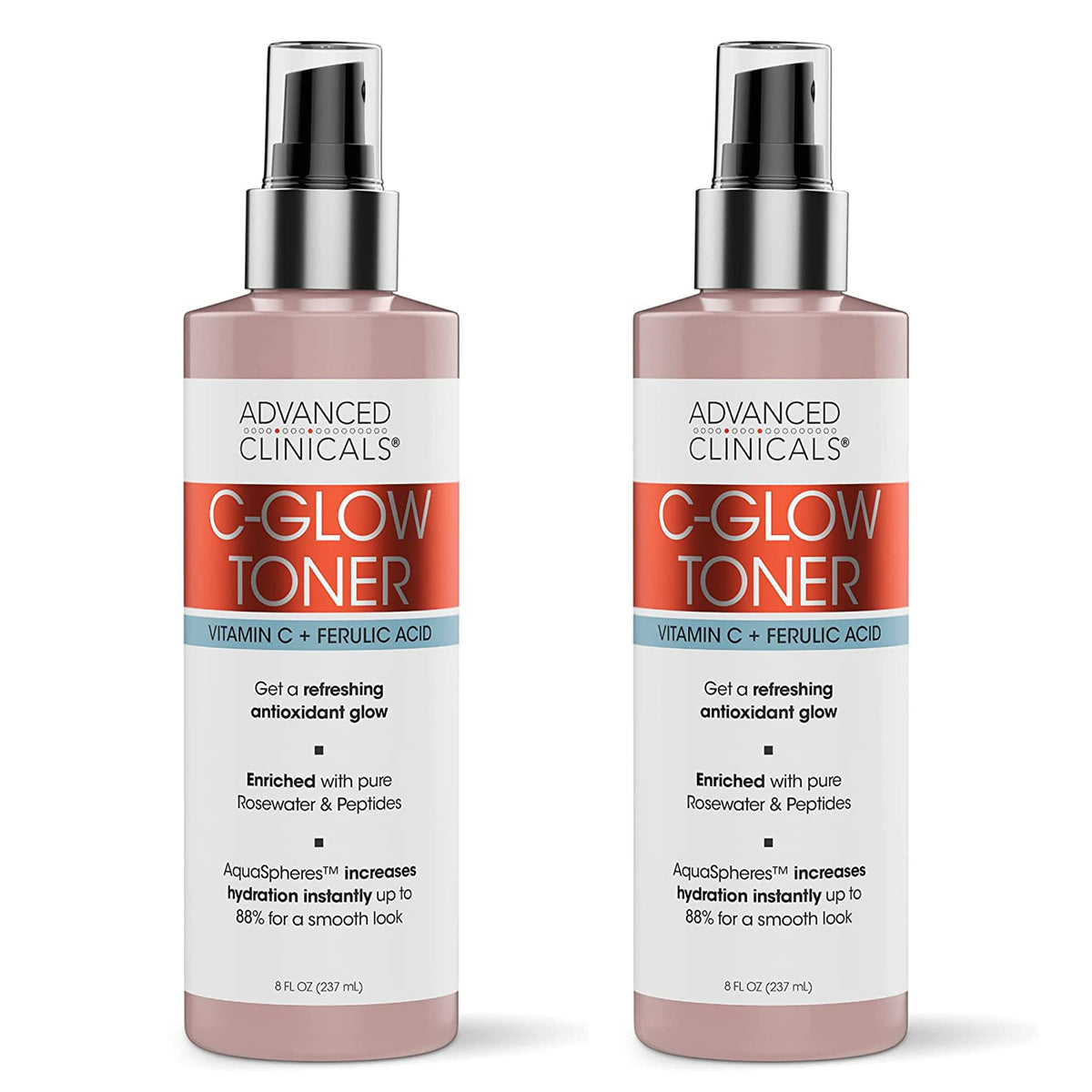 Advanced Clinicals Vitamin C Glow Facial Mist & Toner W/Rosewater & Peptides, 8 Fl Oz (2-Pack)