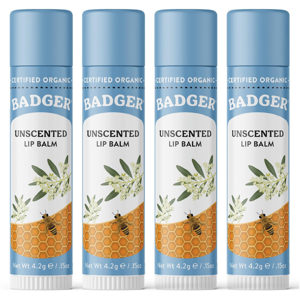 Badger Classic Lip Balm, Unscented, Organic Olive Oil & Beeswax, 0.15 Oz (4 Pack)