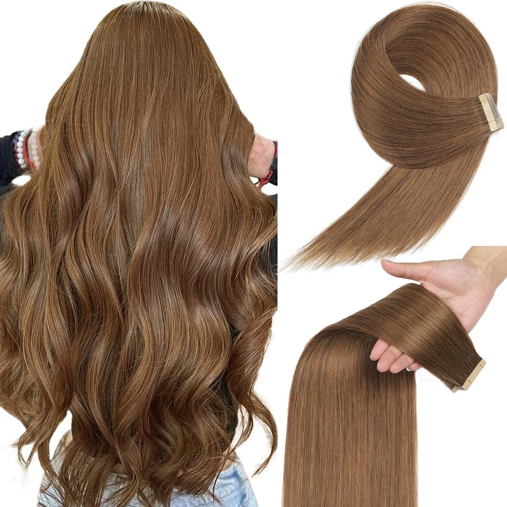 Yddm 20 Inch Tape In Hair Extensions - 20Pcs Real Human Hair, Gold Brown #10, Seamless Straight