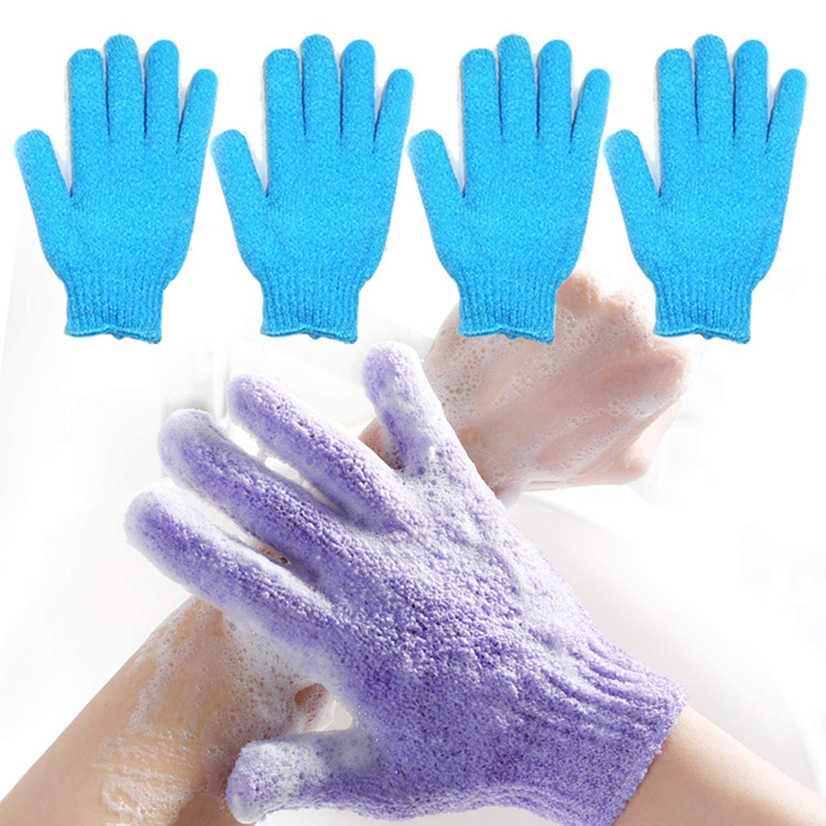 Yeyimei Exfoliating Bath Gloves - Blue Body Scrub Mitts For Deep Cleansing & Skin Massage (2 Pairs)