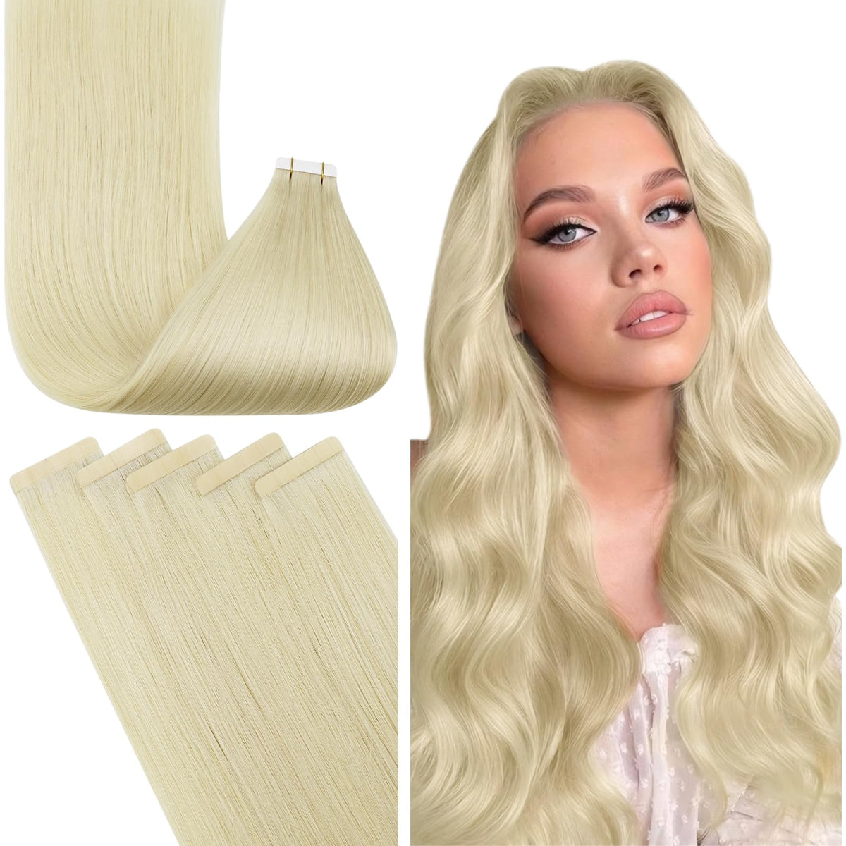 Fshine 12&quot; Blonde Tape In Hair Extensions, Real Human Hair, 60 Platinum, 20 Pieces, 30G