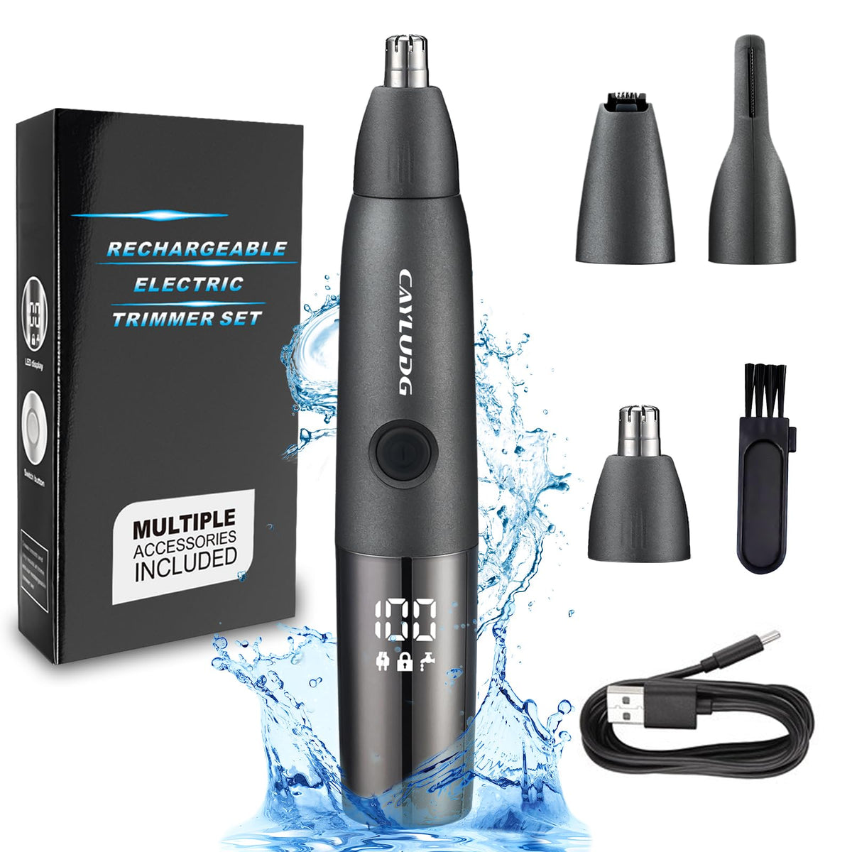 Cayludg Nose Hair Trimmer For Men & Women - Rechargeable, Waterproof, Led Display, Stainless Steel