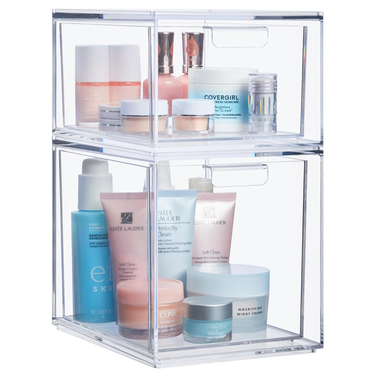 STORi Audrey Stackable Clear Bin Organizer Set - 2 Plastic Drawers for Vanity & Beauty Supplies