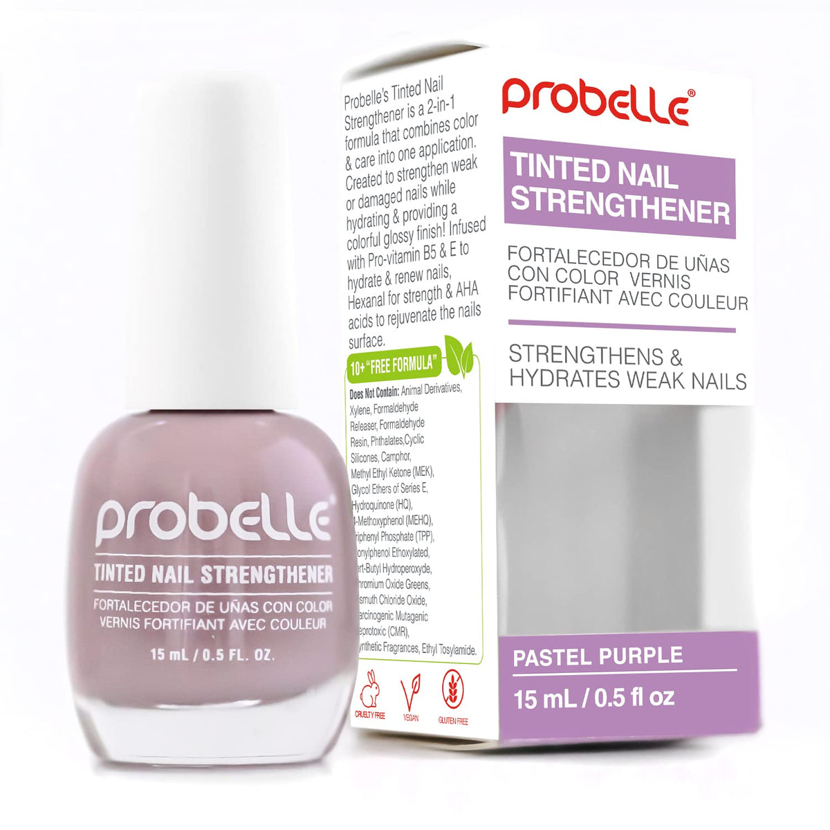 Probelle Tinted Nail Strengthener - Pastel Purple, 0.5 Fl Oz, Nail Growth & Repair Treatment