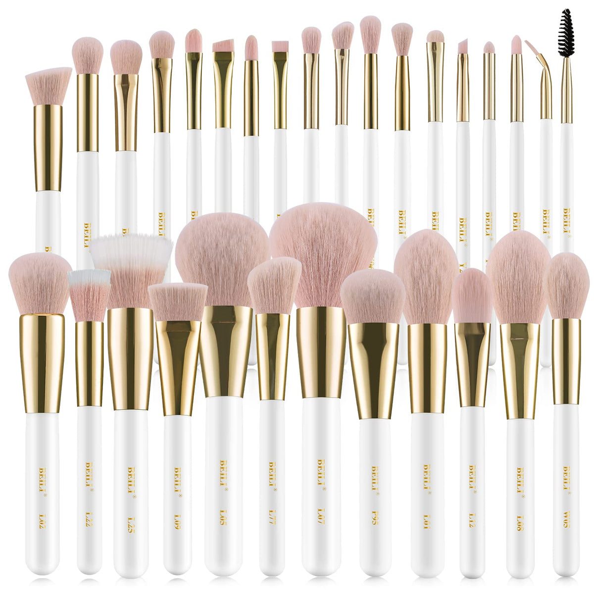 BEILI 30Pcs Makeup Brush Set - Professional Vegan Synthetic Kabuki & Face Brushes, Pearl White/Rose Gold